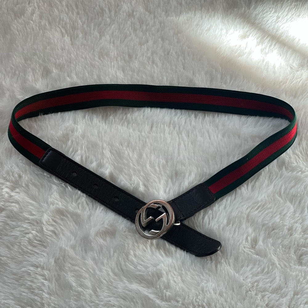Green and Red Stripe Belt with Silver Buckle